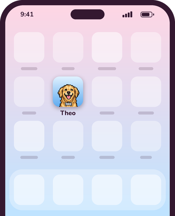 A phone home screen with Theo's pixel pet saved as an icon labelled Theo, among other app icons
