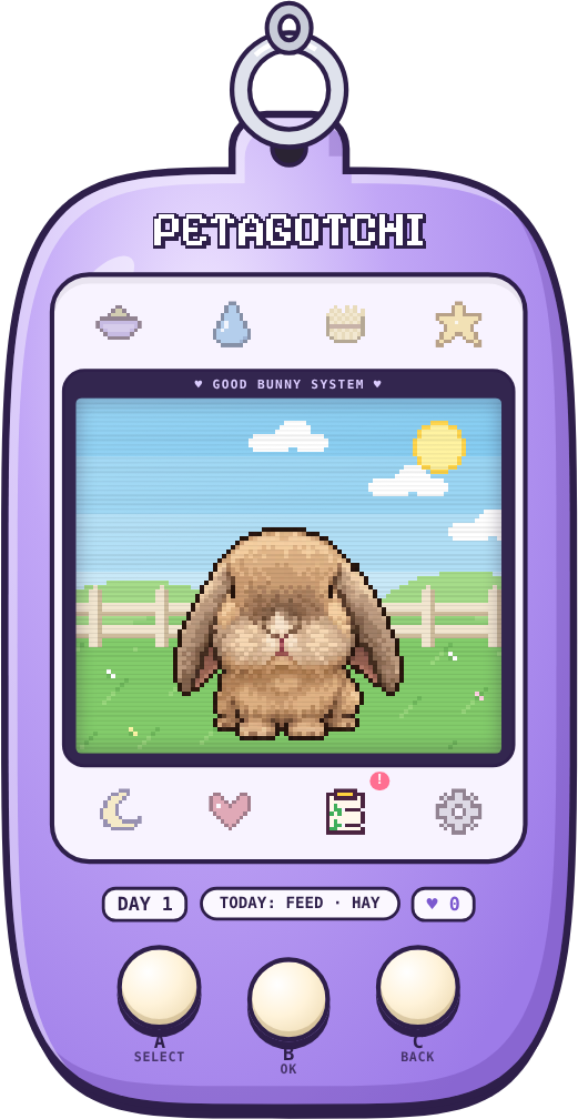 Muni, a tan lop-eared bunny, as a pixel pet on the screen of a lavender Petagotchi keychain-style device