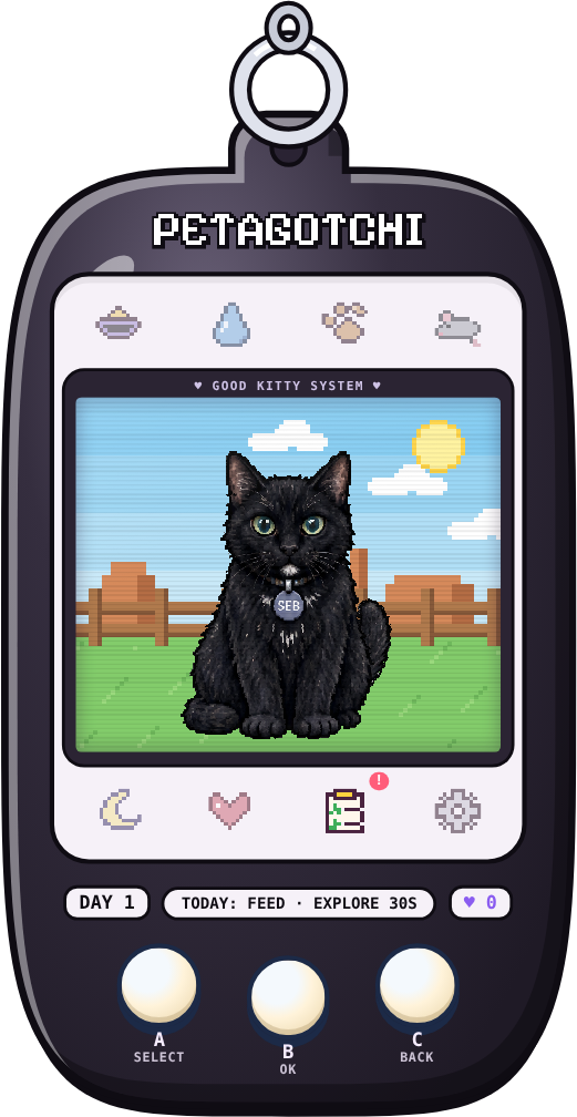 Seb, a black cat, as a pixel pet on the screen of a black Petagotchi keychain-style device