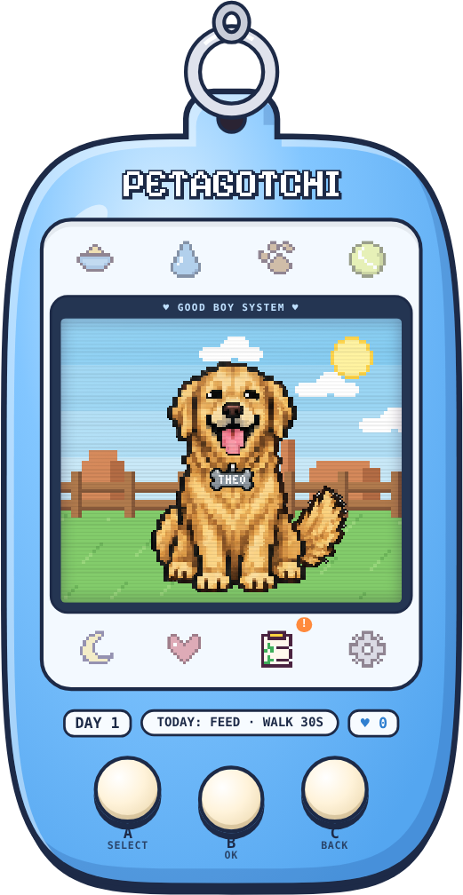 Theo, a golden retriever, as a pixel pet on the screen of a sky-blue Petagotchi keychain-style device